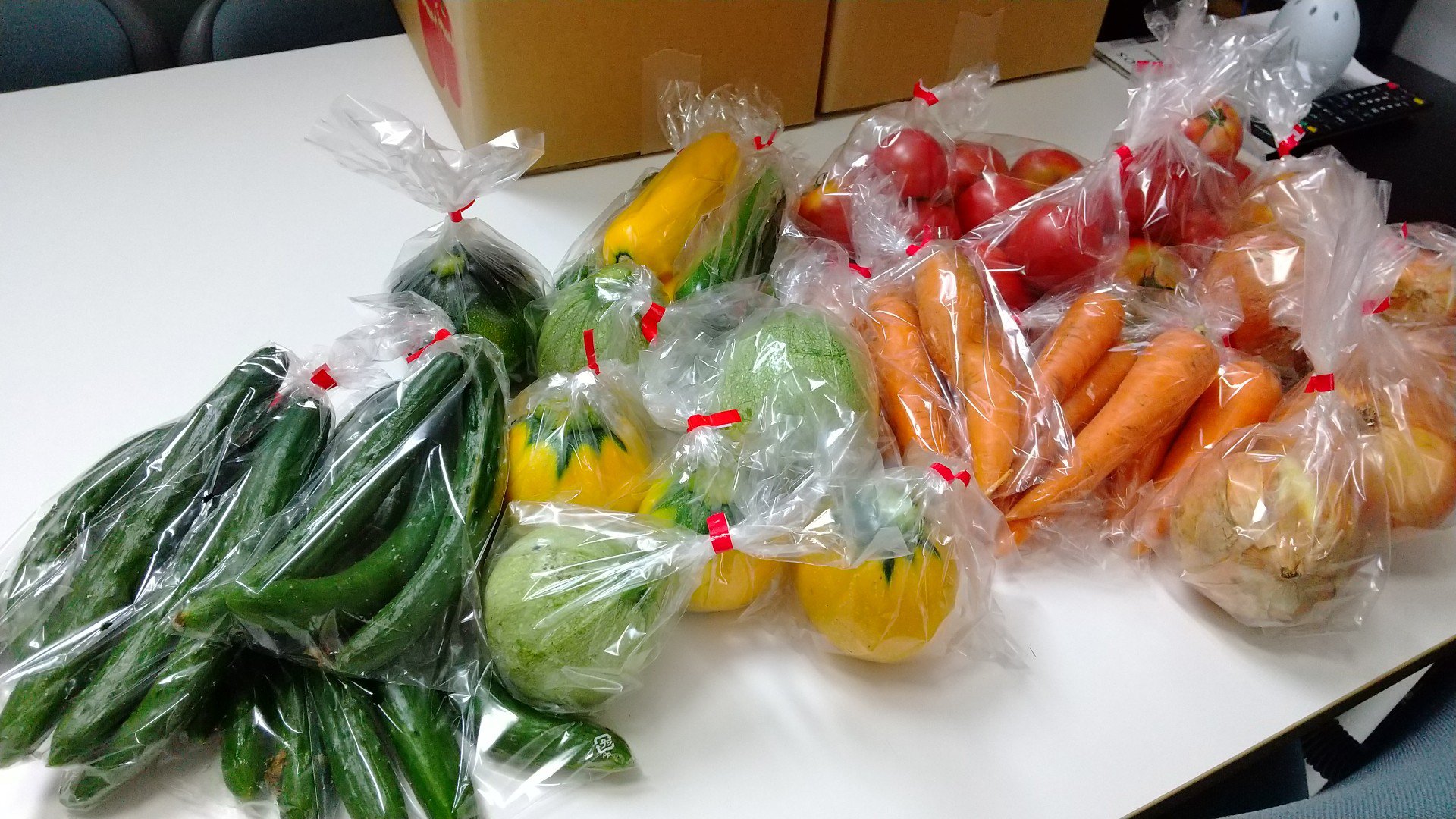 高橋様より留学生に野菜（トマト、キュウリ、ズッキーニ、ニンジン、タマネギ）をいただきました